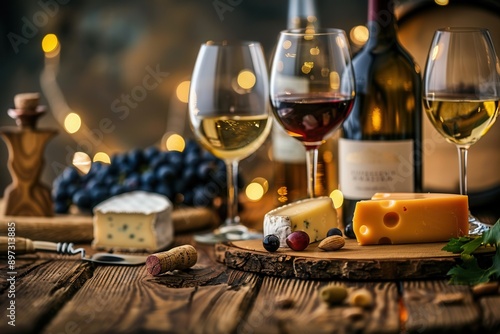 Wine glasses filled with red and white wine, wine bottles, and cheese arranged on a wooden table with grapes and almonds in a warm, intimate setting. Generative AI