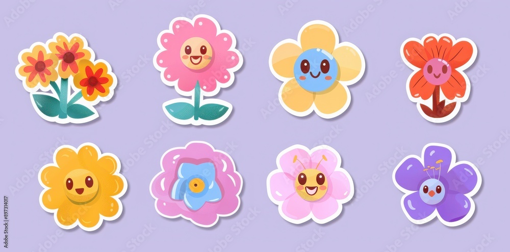 Sticker vector picture of cartoon flowers with cute smiling faces on a light purple background, Sticker vector picture of cartoon flowers with cute smiling faces on a light purple background,