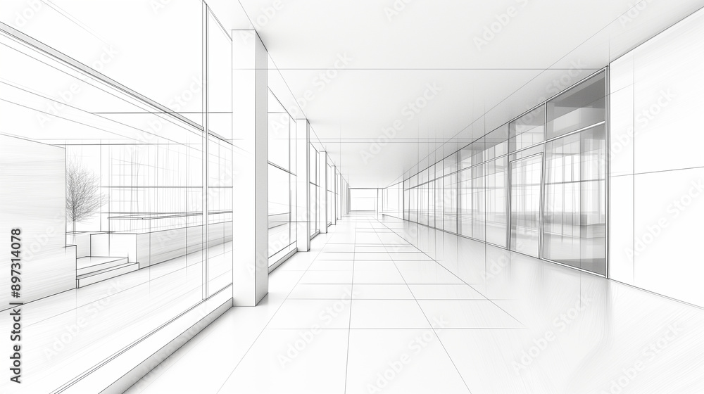 Minimalist white architectural sketch of modern building interior, perspective view, showcasing clean lines and open space Minimalist white architectural sketch of modern building interior, perspective view, showcasing clean lines and open space
