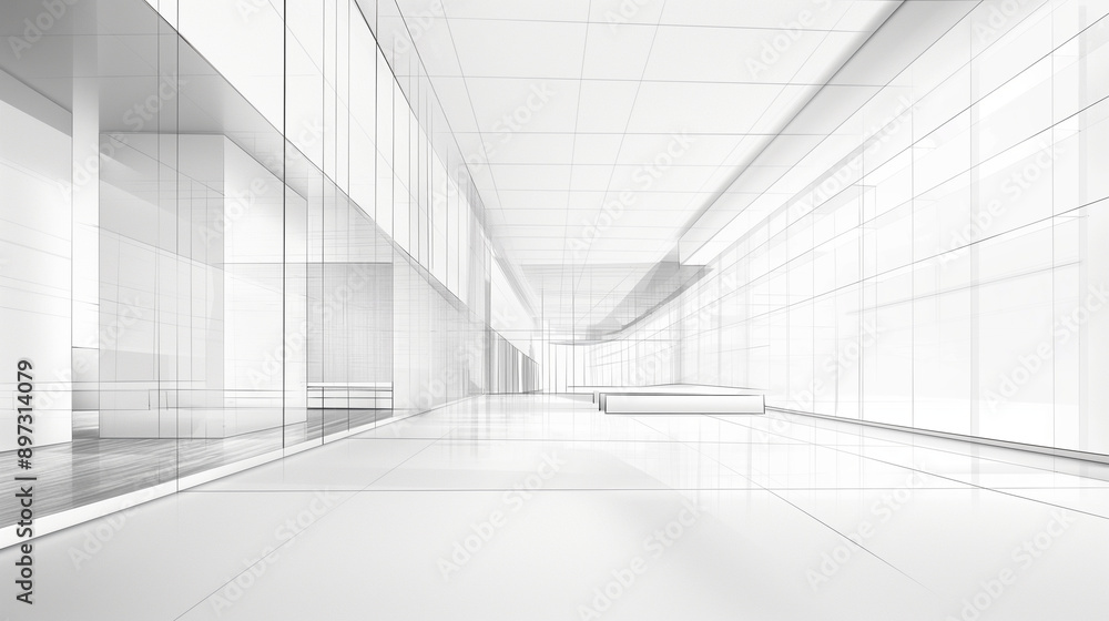 Minimalist white architectural sketch of modern building interior, perspective view, showcasing clean lines and open space Minimalist white architectural sketch of modern building interior, perspective view, showcasing clean lines and open space