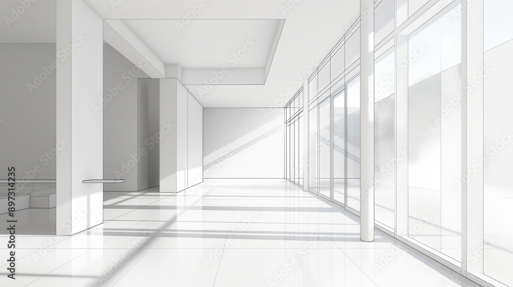 Perspective view of a minimalist white architectural sketch of a modern interior, emphasizing clarity and modernity Perspective view of a minimalist white architectural sketch of a modern interior, emphasizing clarity and modernity