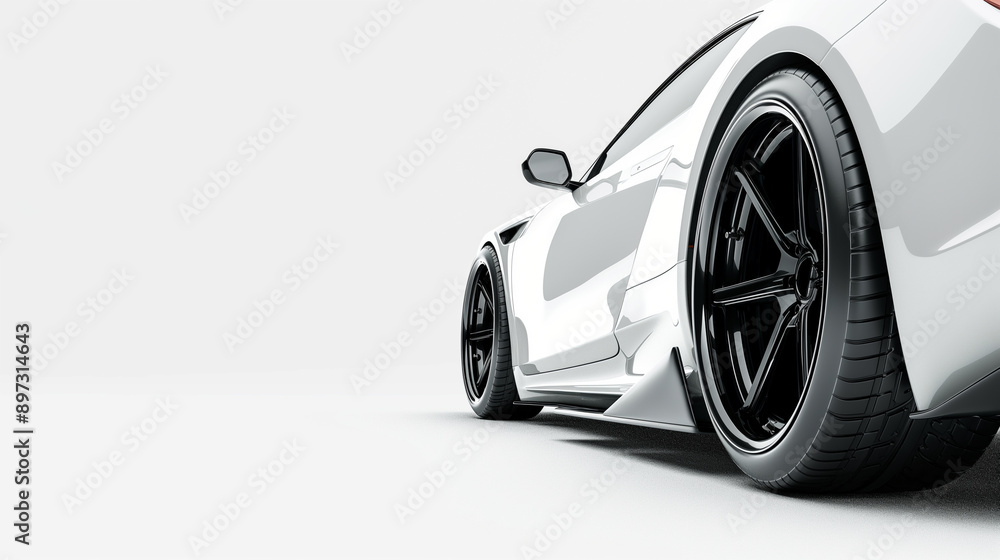 Minimalist white background with a stylish white car and black rims, emphasizing the wheel and bodywork close-up on the right side Minimalist white background with a stylish white car and black rims, emphasizing the wheel and bodywork close-up on the right side