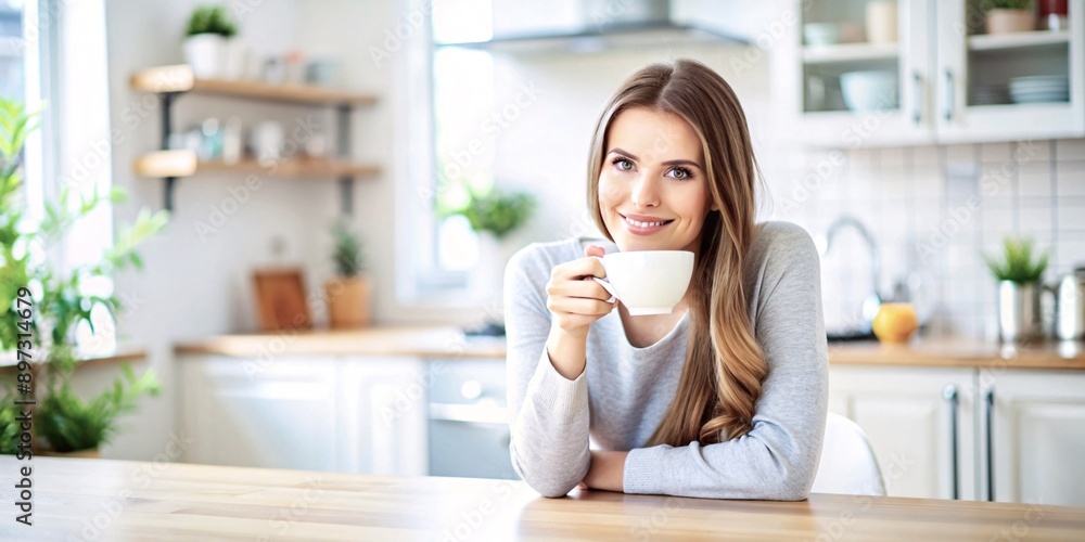 A serene moment captured in a bright kitchen as a woman enjoys her morning coffee. The warm light filters through, illuminating her relaxed posture and the cozy atmosphere. A serene moment captured in a bright kitchen as a woman enjoys her morning coffee. The warm light filters through, illuminating her relaxed posture and the cozy atmosphere.