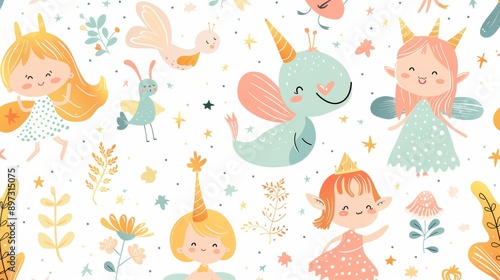 fantasy creature pattern, adorable fantasy character doodles featuring fairies magical creatures, ideal for decorating a childs room with a whimsical touch