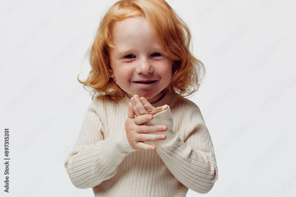 Redhaired little girl in white sweater with hands covering face, captured in a moment of timid beauty Redhaired little girl in white sweater with hands covering face, captured in a moment of timid beauty