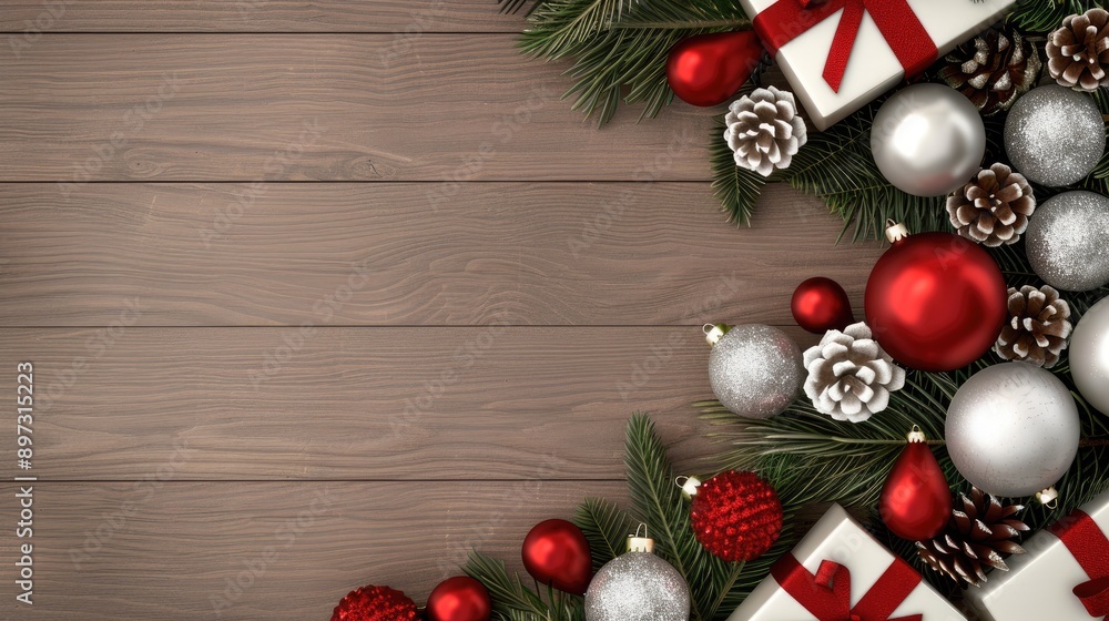 Obraz premium A decorated Christmas tree stands in front of a wood plank wall, with several wrapped gifts at its base