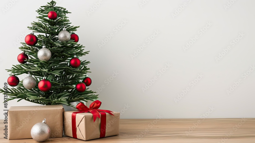 A decorated Christmas tree stands in front of a wood plank wall, with several wrapped gifts at its base A decorated Christmas tree stands in front of a wood plank wall, with several wrapped gifts at its base