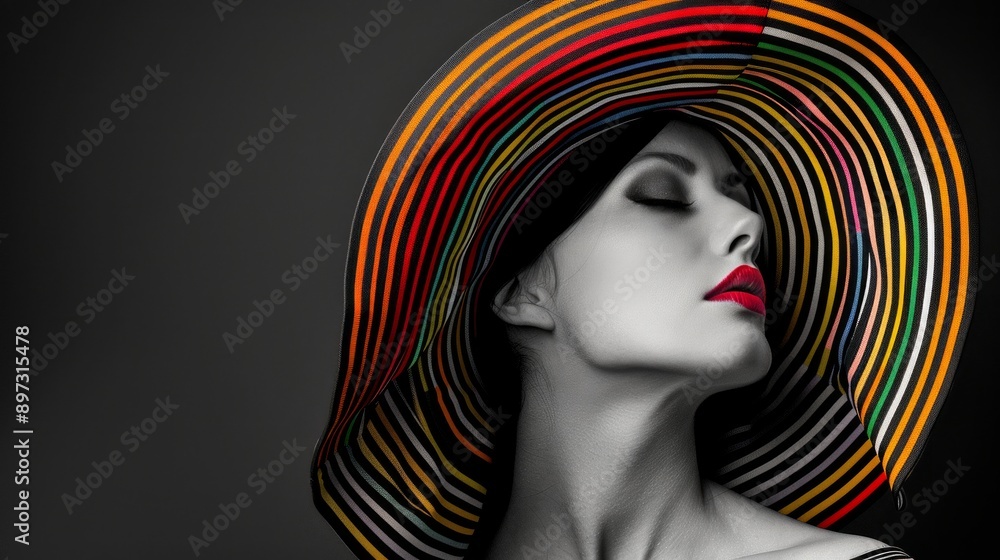 Elegant black and white portrait of a woman wearing a colorful striped hat. Striking red lips. Fashion concept with a modern, stylish vibe. Perfect for editorials, advertisements, and social media. AI Elegant black and white portrait of a woman wearing a colorful striped hat. Striking red lips. Fashion concept with a modern, stylish vibe. Perfect for editorials, advertisements, and social media. AI