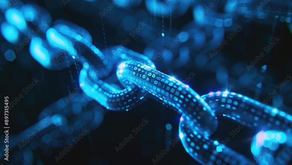 A digital blue chain with glowing dots, symbolizing the strength and security of blockchain technology A digital blue chain with glowing dots, symbolizing the strength and security of blockchain technology