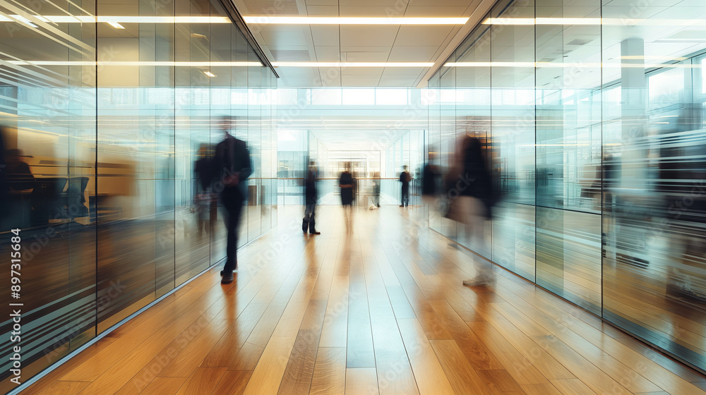 People in motion blur moving around an office space with clear glass walls, stylish wooden floors, and a white ceiling illuminated by rectangular lights People in motion blur moving around an office space with clear glass walls, stylish wooden floors, and a white ceiling illuminated by rectangular lights