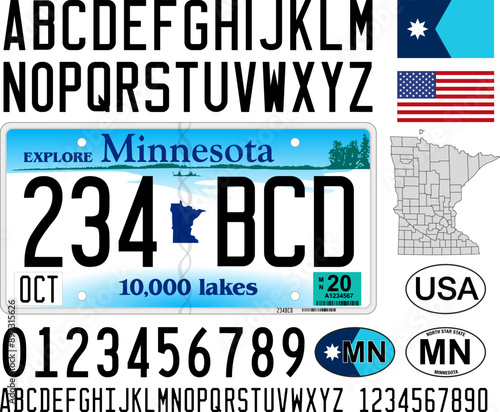Minnesota car license plate, letters, numbers and symbols, vector illustration, USA, United States