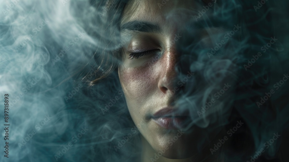 A close-up of a woman with smoke coming out of her face, perfect for fantasy or sci-fi scenes A close-up of a woman with smoke coming out of her face, perfect for fantasy or sci-fi scenes