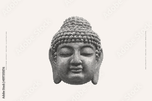 Buddha head with halftone effect. Monochrome image of a Buddhist god.