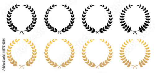 Vector black laurels set. black silhouette circular laurel foliate and oak wreaths depicting an award, achievement, heraldry, nobility.