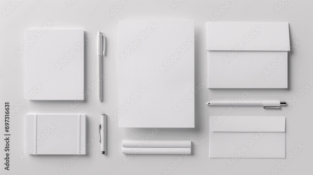 Corporate Stationery Set Mockup: Displayed on a white textured paper background, showcasing a corporate stationery set in a professional mockup. Corporate Stationery Set Mockup: Displayed on a white textured paper background, showcasing a corporate stationery set in a professional mockup.