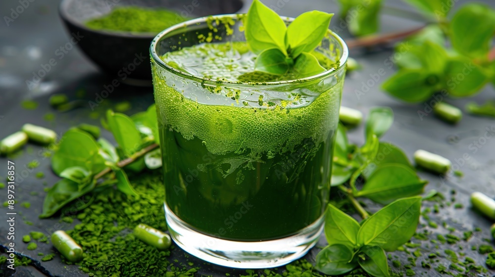 Slimming Capsules with Green Color Matcha Tea Drink Slimming Capsules with Green Color Matcha Tea Drink