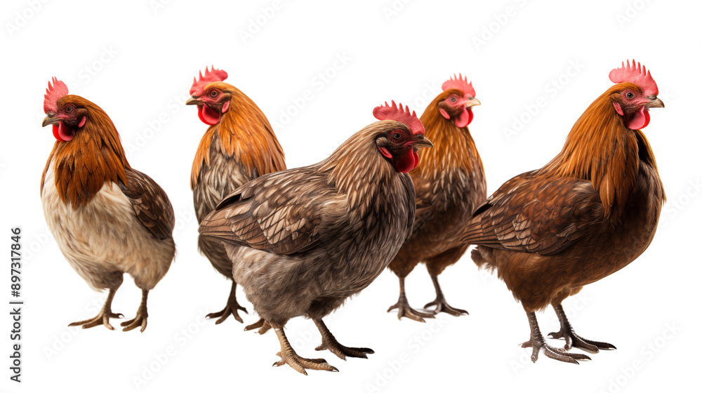 Fototapeta premium A set of chickens and a rooster in different angles transparent background.