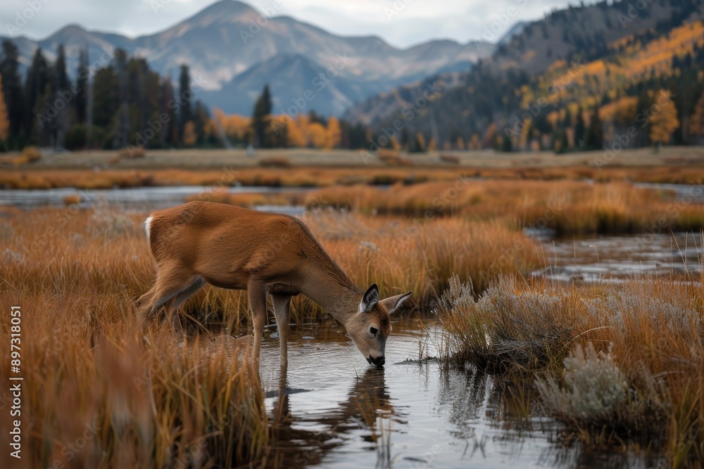 Naklejka premium A doe drinks from a stream in an autumn mountain valley, surrounded by amber grasses and a scenic, colorful landscape. This serene moment captures the essence of fall.