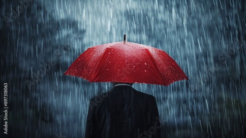 Red umbrella in rainstorm. Person with bright red umbrella standing in front of dark, heavy downpour of water.