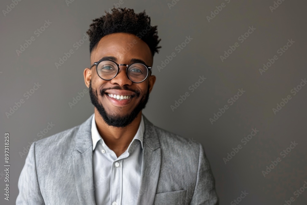 Smiling young man wearing glasses and a gray blazer. Professional and friendly look for business or casual purposes. Ideal for corporate, personal branding, or lifestyle concepts. Generative AI Smiling young man wearing glasses and a gray blazer. Professional and friendly look for business or casual purposes. Ideal for corporate, personal branding, or lifestyle concepts. Generative AI