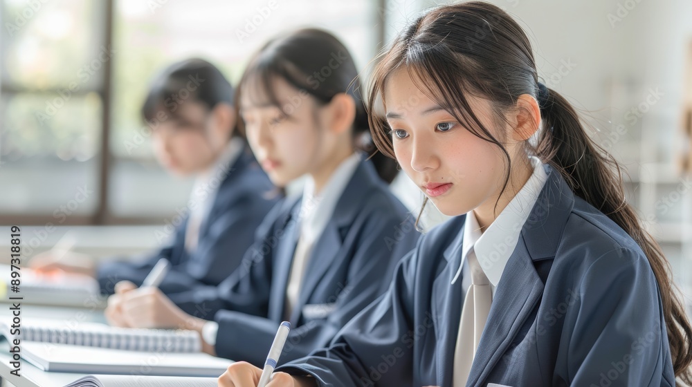 Focused Young Woman in Uniform Writing in a Classroom with Other Students in the Background Focused Young Woman in Uniform Writing in a Classroom with Other Students in the Background