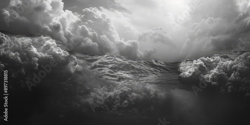 A black and white photo of a wave crashing against the ocean shore