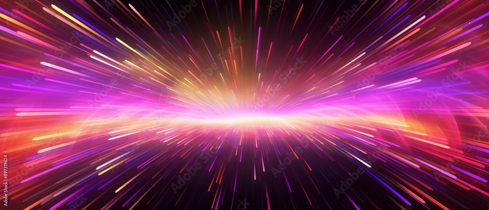 Fototapeta premium Vibrant streaks of light converge on horizon in abstract background, creating dynamic futuristic design with neon colors. Energy bursts in digital universe