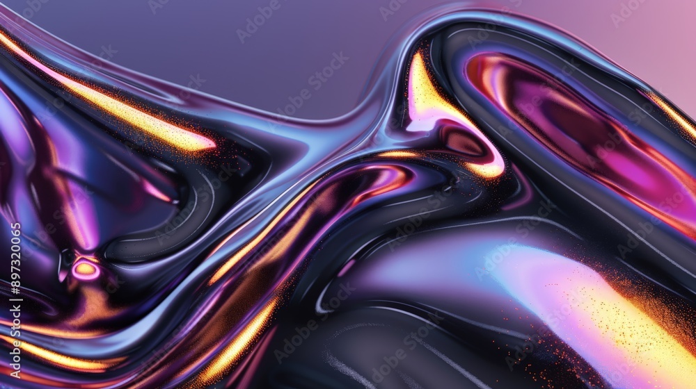 Mesmerizing abstract background with holographic liquid and gold particles, blending vibrant purple and blue colors in an iridescent wave for a modern and futuristic look Mesmerizing abstract background with holographic liquid and gold particles, blending vibrant purple and blue colors in an iridescent wave for a modern and futuristic look