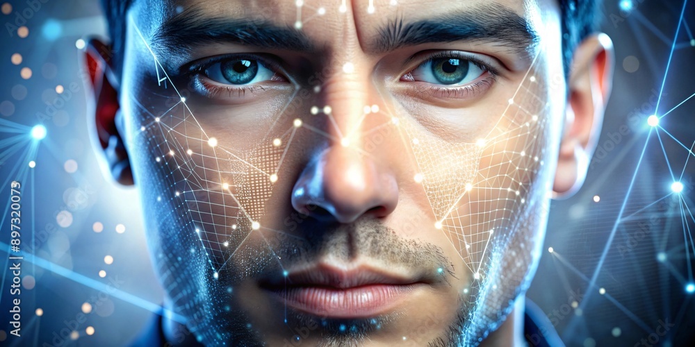 Futuristic Facial Recognition Technology. Close-up of a person's face with digital overlay depicting facial recognition points and network connections. Futuristic Facial Recognition Technology. Close-up of a person's face with digital overlay depicting facial recognition points and network connections.