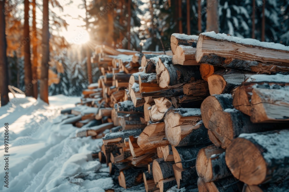 A neatly organized pile of snow-covered logs sits in a sunlit winter forest, with the golden light of the setting sun filtering through the tall pine trees, creating a peaceful scene. A neatly organized pile of snow-covered logs sits in a sunlit winter forest, with the golden light of the setting sun filtering through the tall pine trees, creating a peaceful scene.