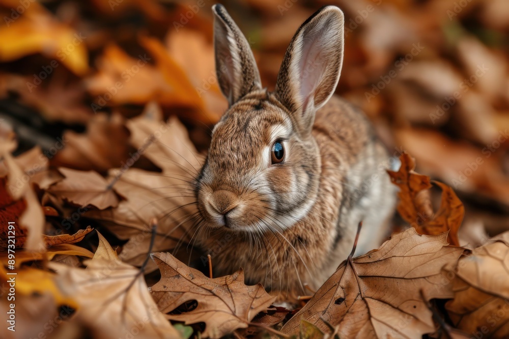 Fototapeta premium An alert rabbit is seen looking around amidst brown autumn foliage, creating a picturesque scene filled with earthy tones and a sense of watchfulness.