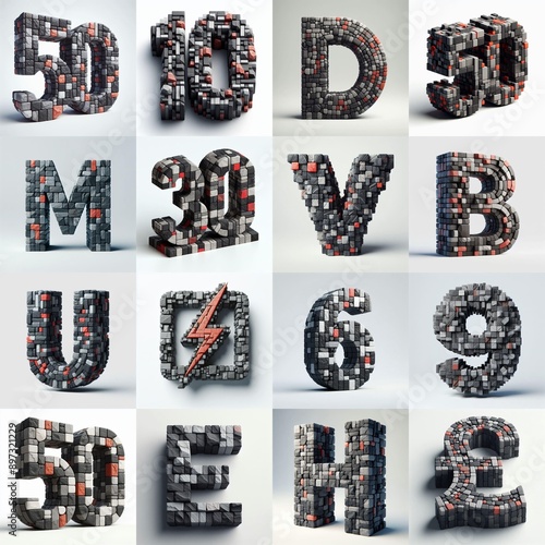 Dark gray and red stones 3D Lettering Typeface. AI generated illustration