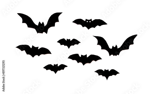 black paper bats flying on white background, Halloween decoration