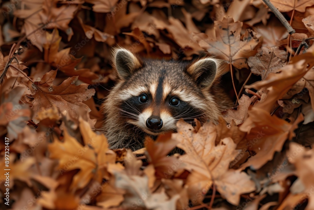 Fototapeta premium An enchanting image of a raccoon with expressive eyes peering curiously from a blanket of autumn leaves, showcasing the animal's inquisitive nature against a backdrop of fall colors.