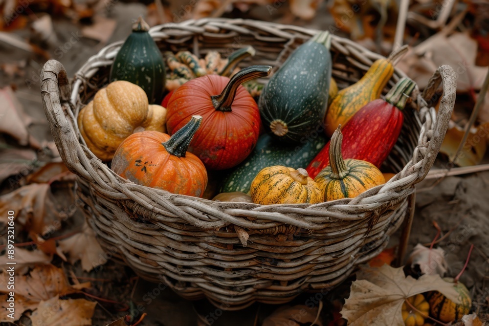 A wicker basket brimming with a variety of gourds and pumpkins is nestled among fallen autumn leaves, capturing the splendor of the fall harvest season in a picturesque outdoor setting. A wicker basket brimming with a variety of gourds and pumpkins is nestled among fallen autumn leaves, capturing the splendor of the fall harvest season in a picturesque outdoor setting.