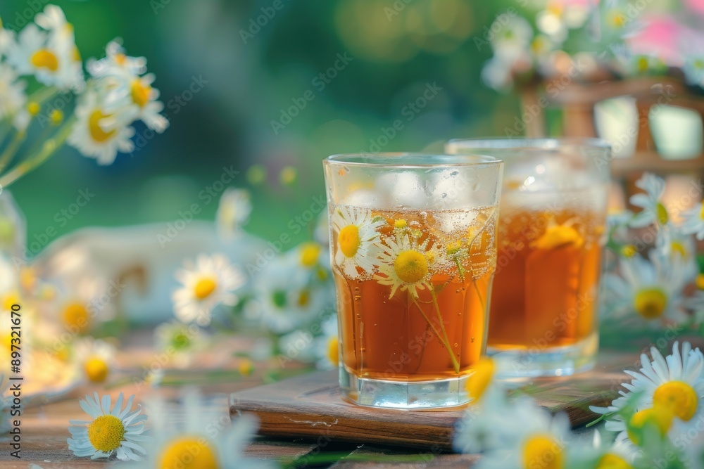 Two glasses of ice cold chamomile tea are standing on a wooden board outside, surrounded by chamomile flowers Two glasses of ice cold chamomile tea are standing on a wooden board outside, surrounded by chamomile flowers