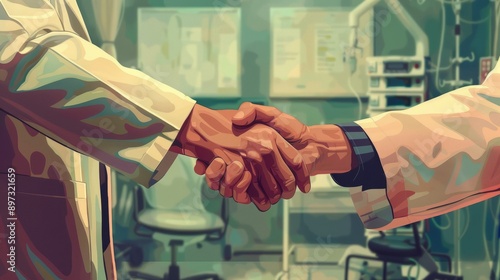 Medical collaboration handshake. Two medical professionals solidify their agreement with a firm handshake, emphasizing teamwork and trust in a healthcare setting.