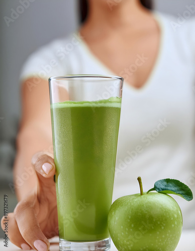 Photo of apple smoothie, people holding glasses in the background