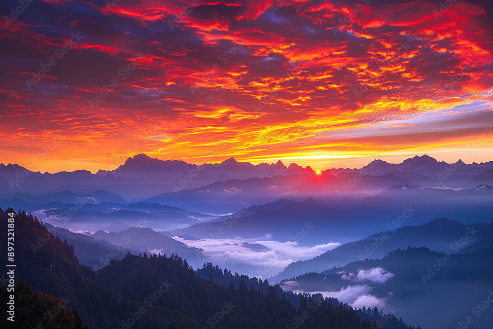 Fototapeta premium Fictional Himalayan Peaks Awash in Dawn's Glow Generated by AI