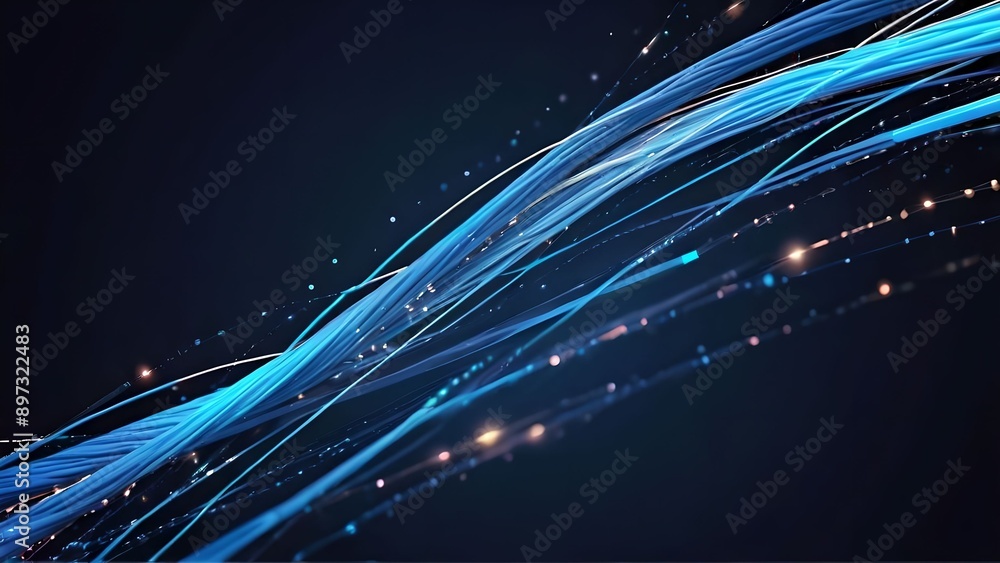 Obraz premium Abstract futuristic technology illustration background, blue optic fiber cables, digital internet network communication connection, information and data speed line, fast 5G global transfer