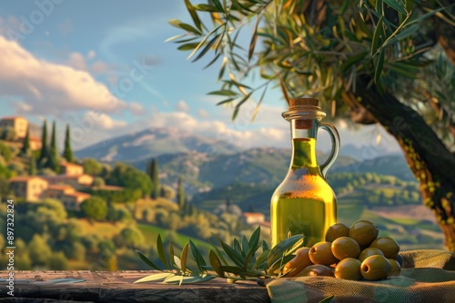 Fresh olives and a bottle of olive oil displayed on a table