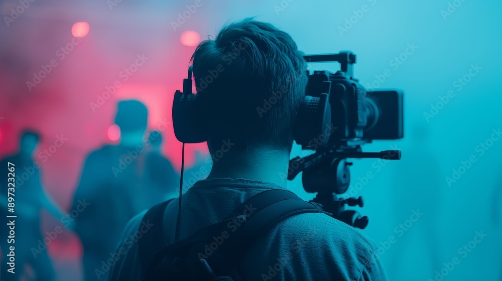 Filmmaker directing a movie scene, behind the scenes, creative production Filmmaker directing a movie scene, behind the scenes, creative production