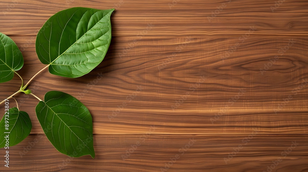 Smooth Walnut-Colored Wooden Surface with Green Leaves Smooth Walnut-Colored Wooden Surface with Green Leaves