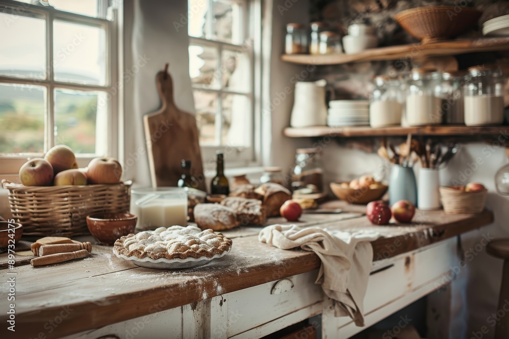 A cozy kitchen setting in autumn, featuring a freshly baked apple pie and homemade bread on a rustic wooden table, capturing the warmth and comfort of homemade treats. A cozy kitchen setting in autumn, featuring a freshly baked apple pie and homemade bread on a rustic wooden table, capturing the warmth and comfort of homemade treats.