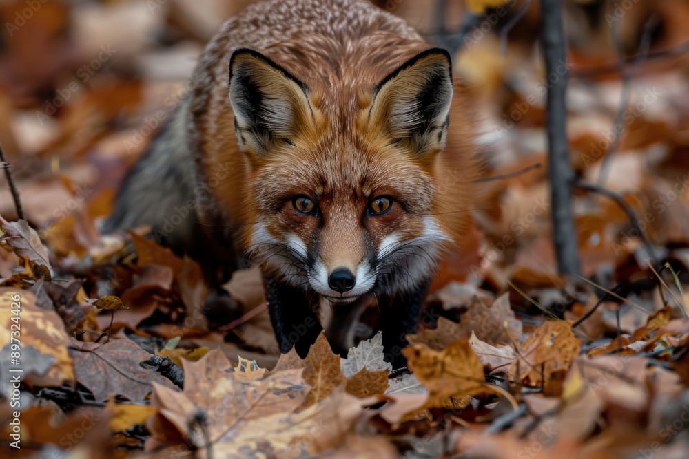 Fototapeta premium A red fox stands amidst fallen autumn leaves, focusing directly ahead with piercing eyes, representing focus and determination in its natural environment.