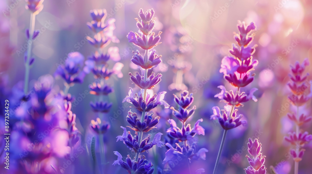 Fototapeta premium Close-up photo of a delicate lavender flower field, featuring an abstract purple floral background. The image highlights the aromatic beauty of spring nature.