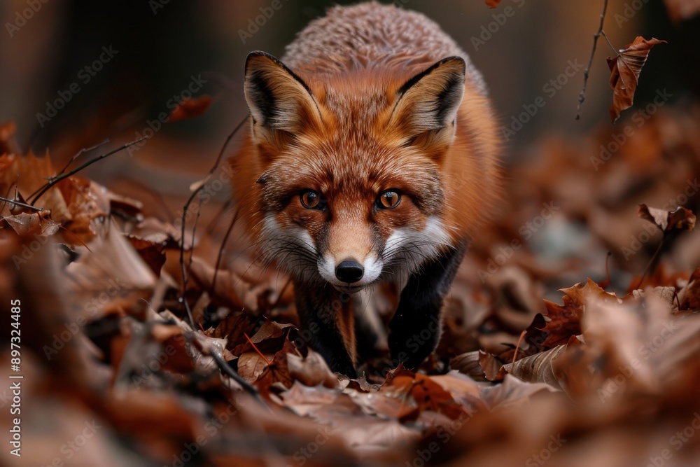 Fototapeta premium A red fox navigates through a forest blanketed with autumn leaves, portrayed in sharp focus, depicting alertness and natural beauty in a tranquil setting.