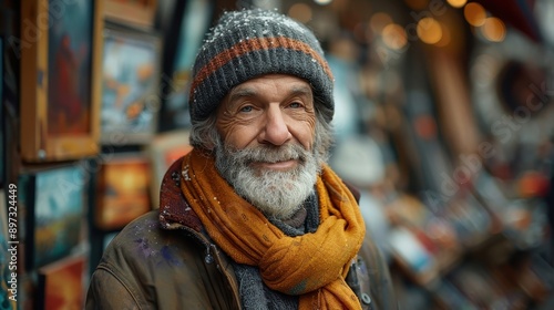 An elderly man in a striped beanie and orange scarf smiles warmly in a bustling market filled with paintings, braving the light snowfall and showcasing his creations.