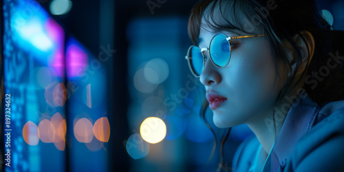 Side profile of an ethnic female IT developer working on computer in dark office, created with Generative AI. Cybersecurity analyst detecting artificial intelligence threats to consumer data