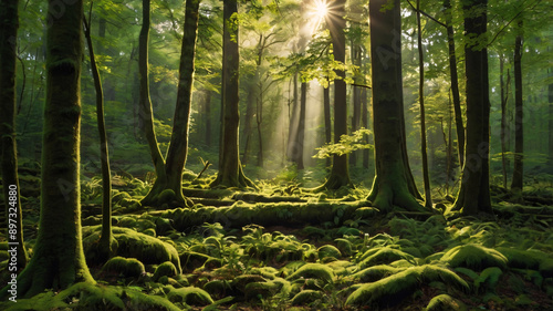 Forest with Tall Trees Draped in Moss photo